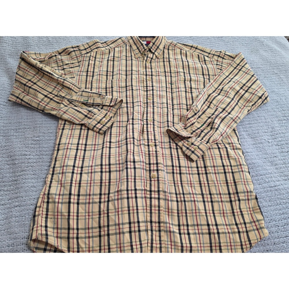 Tommy Hilfiger Mens Yellow Plaid Button Down Shirt Crest Logo Long Sleeve Medium
